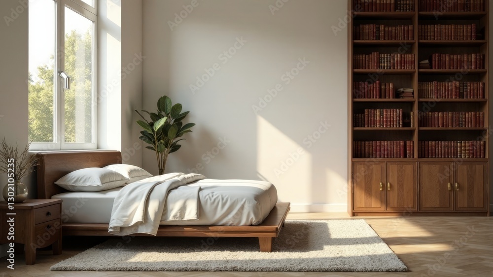 Sunlight streams into a minimalist bedroom featuring a low platform bed with crisp white linens, a wooden bedside table, and a large bookcase filled with numerous books. Sunlight streams into a minimalist bedroom featuring a low platform bed with crisp white linens, a wooden bedside table, and a large bookcase filled with numerous books.