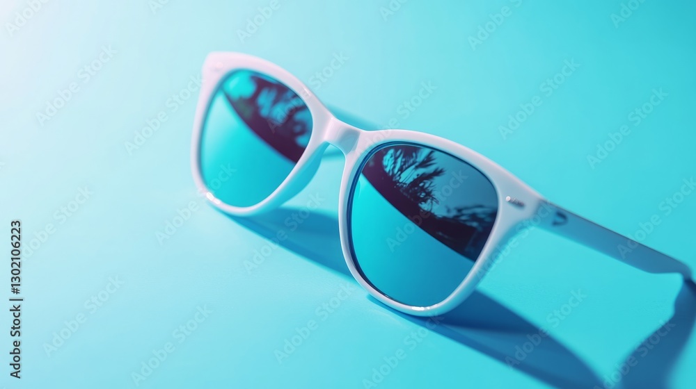 White Sunglasses with Blue Lenses on Light Blue Background White Sunglasses with Blue Lenses on Light Blue Background