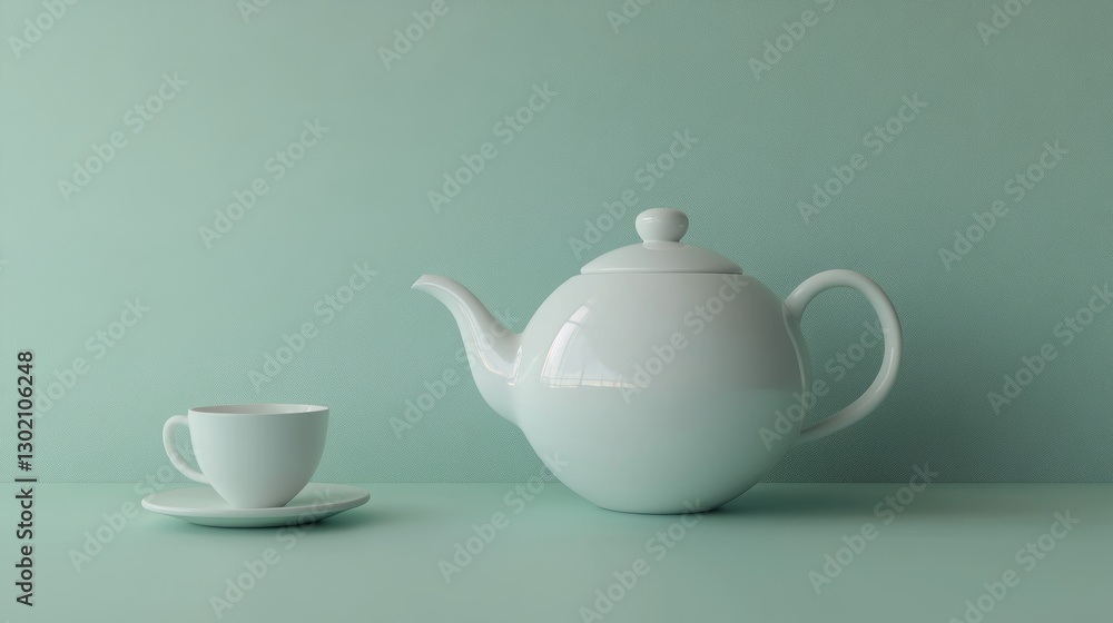White Teapot and Cup on Mint Green Background White Teapot and Cup on Mint Green Background