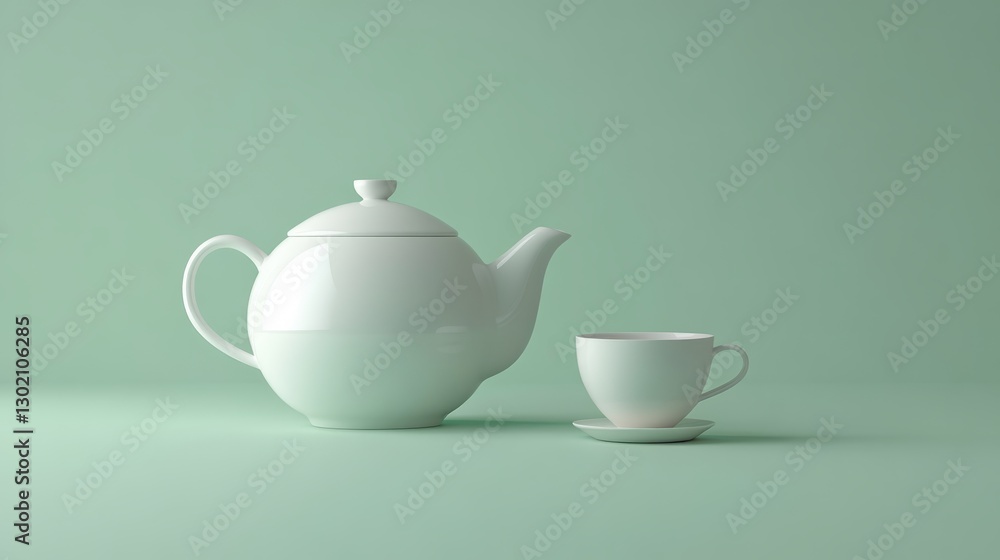 White Teapot and Teacup on Mint Green Background White Teapot and Teacup on Mint Green Background