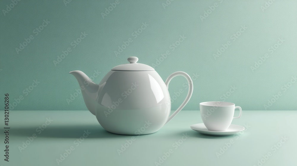 White Teapot and Teacup on Pastel Green Glittery Background White Teapot and Teacup on Pastel Green Glittery Background