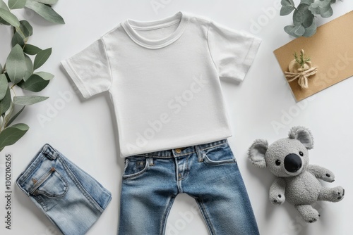 Ultra Quality Image of Kids Tshirt with Koala Toy and Jeans photo