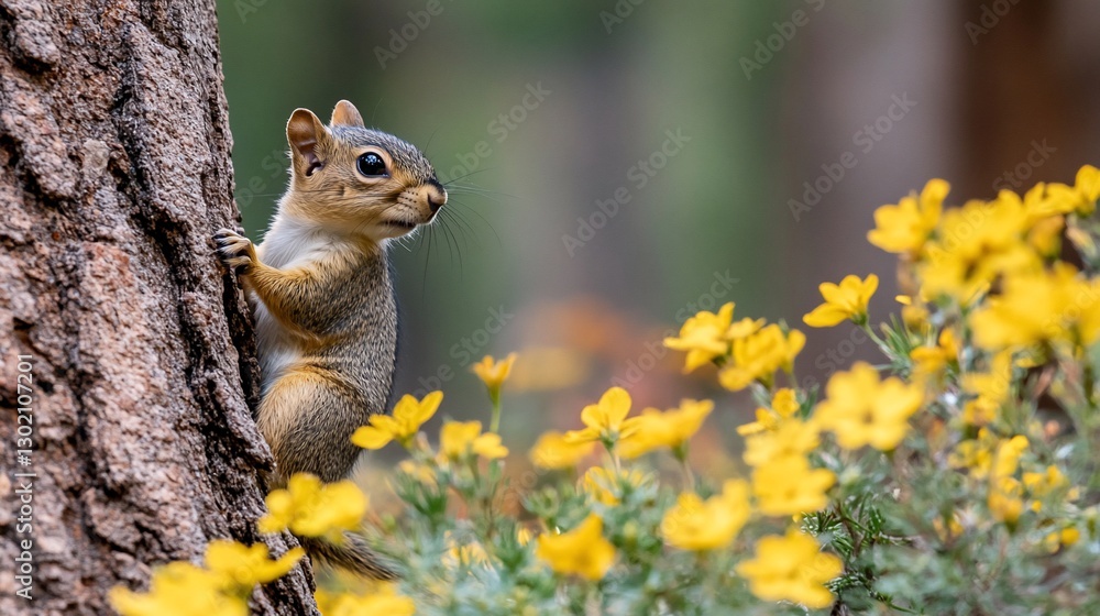 Squirrel climbing tree near yellow wildflowers Squirrel climbing tree near yellow wildflowers