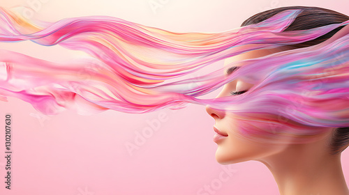 Flowing colorful hair portrait of a woman artistic photography soft background side view beauty concept