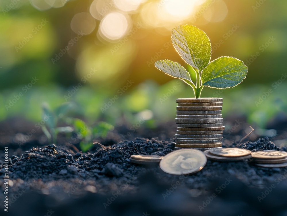 Stacking Coins with Growing Plant Representing Financial Opportunities and Economic Growth in Green Environment Stacking Coins with Growing Plant Representing Financial Opportunities and Economic Growth in Green Environment