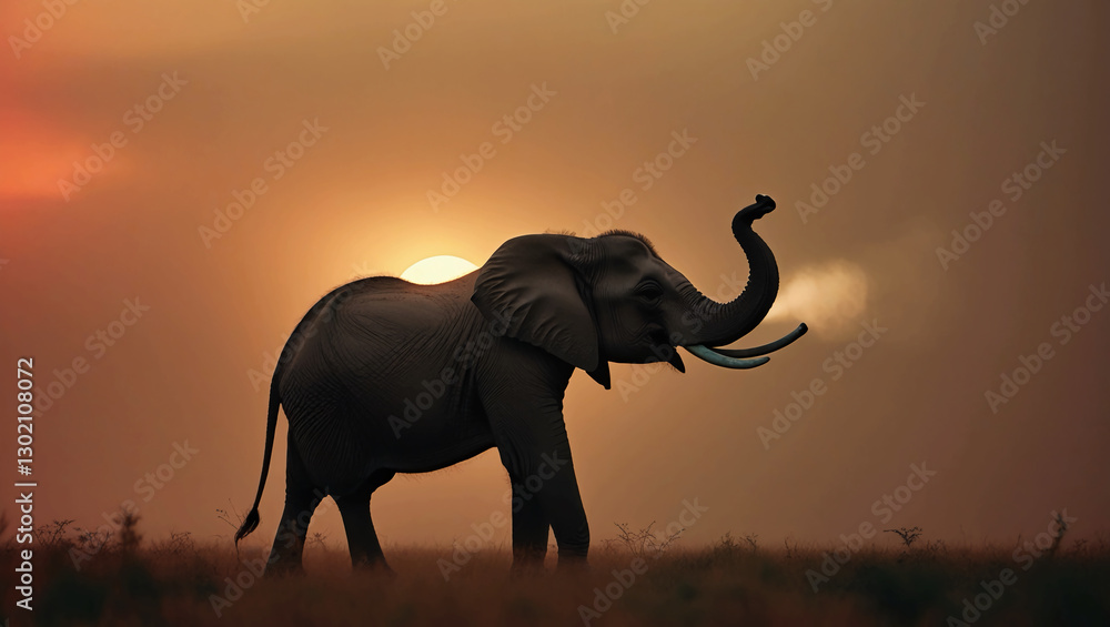 Fototapeta premium A single elephant silhouette trumpets in a murky sky at sunset