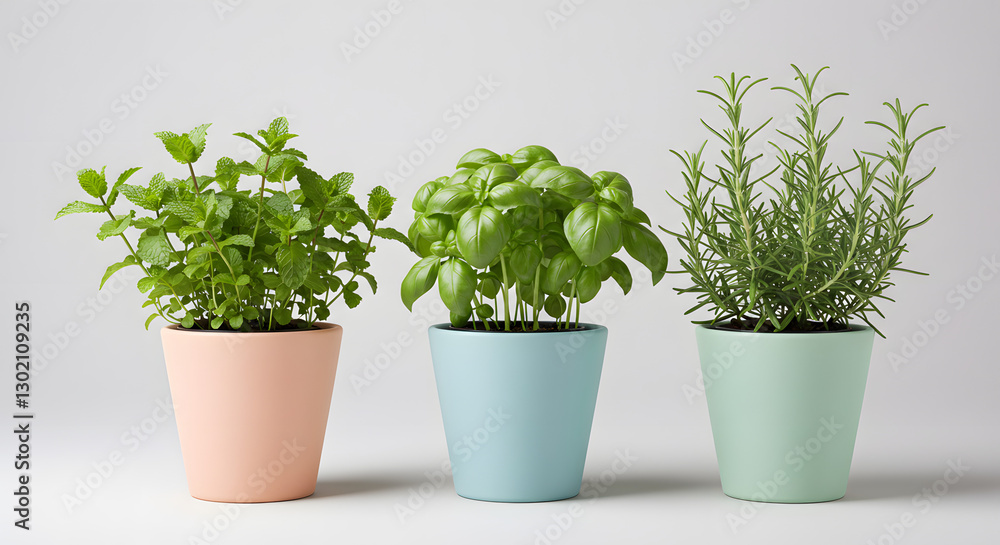 Three aromatic herb plants in pastel pots mint basil rosemary pink blue on transparent background Three aromatic herb plants in pastel pots mint basil rosemary pink blue on transparent background