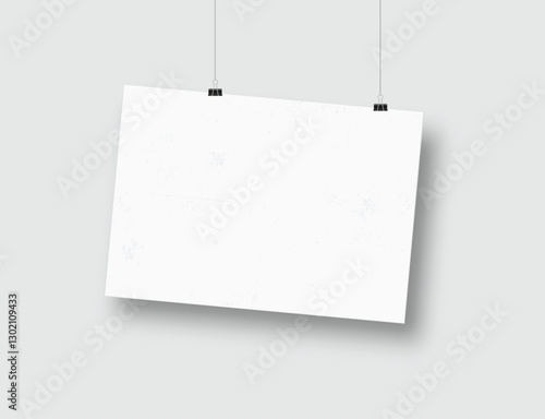 Realistic blank hanging paper posters mockup with shadow on wall and black paper clip, binder isolated on background. Design poster template for presentation artwork, picture, ads. Vector illustration