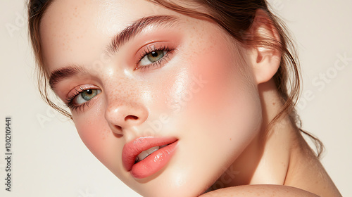 Beauty portrait of young woman with fresh makeup studio setting photography soft lighting close-up skincare concept