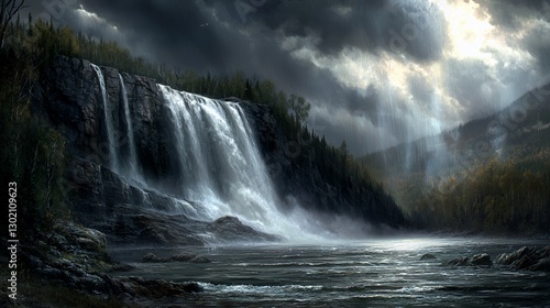 Dramatic Waterfall Landscape Under a Stormy Sky