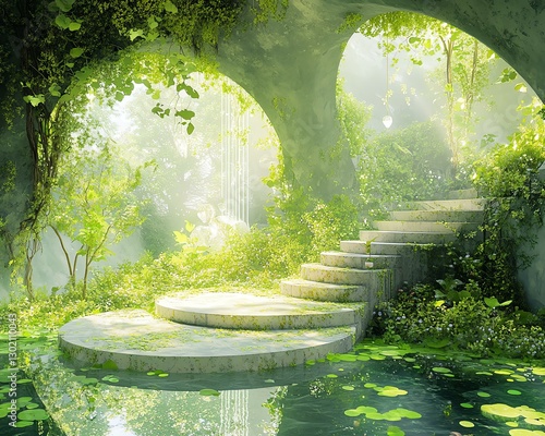 Serene steps lead into a lush green oasis.