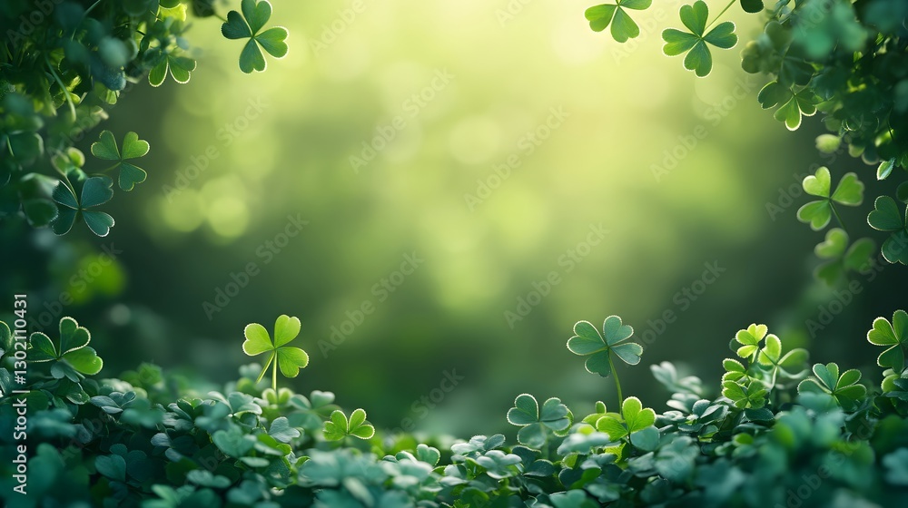 Green clover leaves border with bokeh background. St. Patrick's Day, Irish culture, and luck concept. Nature frame for spring, environmental themes with copy space Green clover leaves border with bokeh background. St. Patrick's Day, Irish culture, and luck concept. Nature frame for spring, environmental themes with copy space