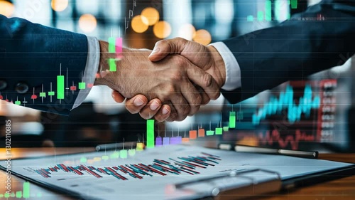 Professional Business Partnership Negotiation and Agreement Handshake Over Financial Charts in Modern Office