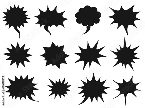 A collection of black silhouette comic book-style speech bubbles, bursts, and explosion effects on a white background  
