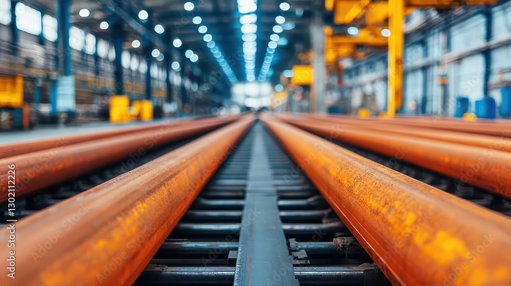 Obraz premium Massive steel beams on conveyor belts in a heavy industry facility