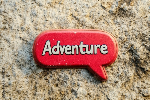 A red word bubble displays the word adventure on textured stone photo