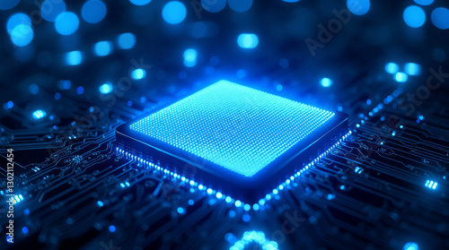 Generative AI Blue Glowing CPU Circuit Board Technology CPU processor circuit board technology blue light electronics computer hardware motherboard microchip innovation computing future