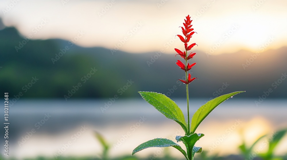 Sunrise Red Flower by Lake in Mountains Sunrise Red Flower by Lake in Mountains