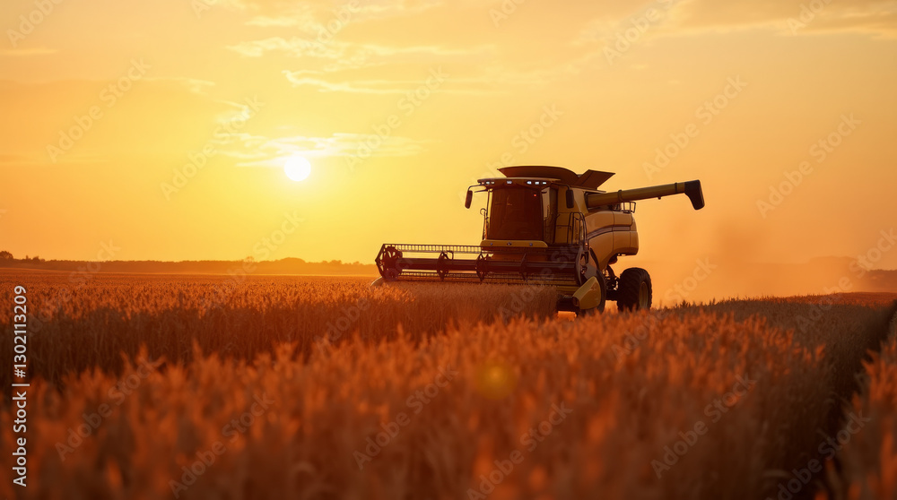 Fototapeta premium Generative AI Golden Harvest: Combine at Sunset combine harvester wheat field sunset golden hour harvest agriculture farm rural crop yellow abundance prosperity hard work tradition