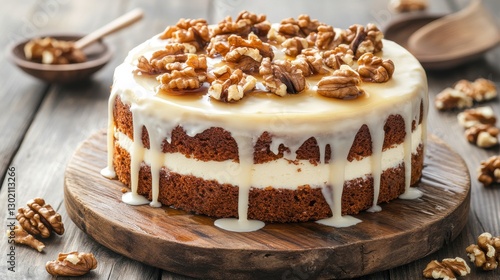 Wallpaper Mural Delicious cake with caramel glaze and nuts on a wooden platter Torontodigital.ca