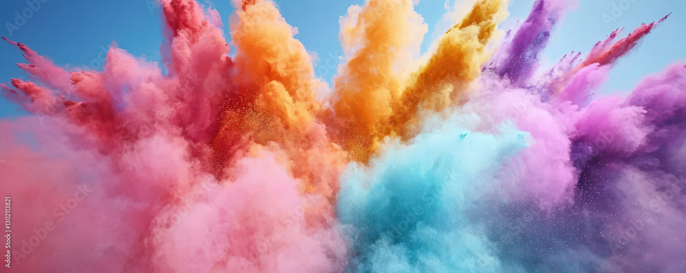 Fototapeta premium A vibrant explosion of colored powders against a clear sky, creating a festive and joyful atmosphere.