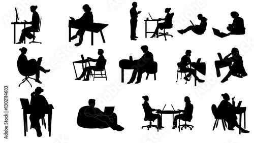 people working with device laptop silhouettes ornament element