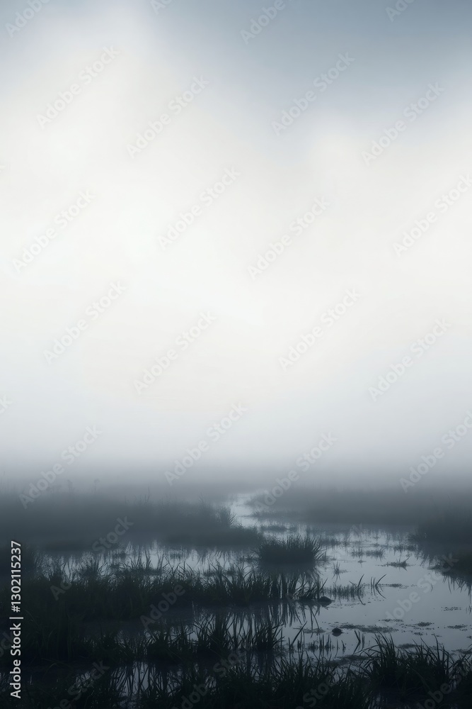Fototapeta premium Generative AI Foggy Swamp: Atmospheric Mystery Landscape swamp fog mist water grass vegetation wetland landscape reflection nature mystery tranquility moody atmosphere serenity