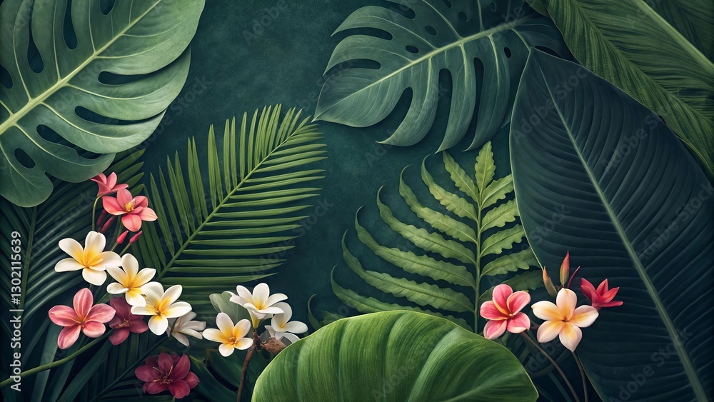 Fototapeta premium Lush jungle greenery with overlapping tropical plant leaves.