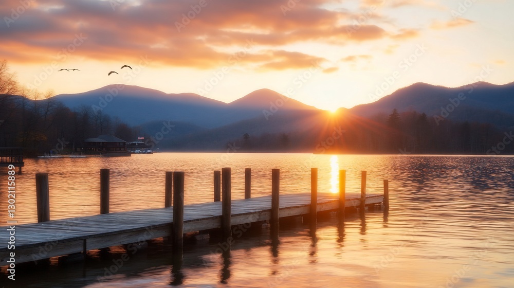 Sunset over mountain lake with dock (1) Sunset over mountain lake with dock (1)