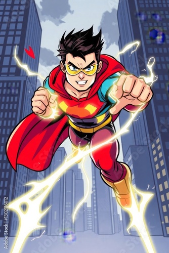 Generative AI Superhero Comic Hero Saves the Day superhero cartoon comic flying cape goggles lightning city skyscrapers hero power action courage saving protection  - Stunning visuals.