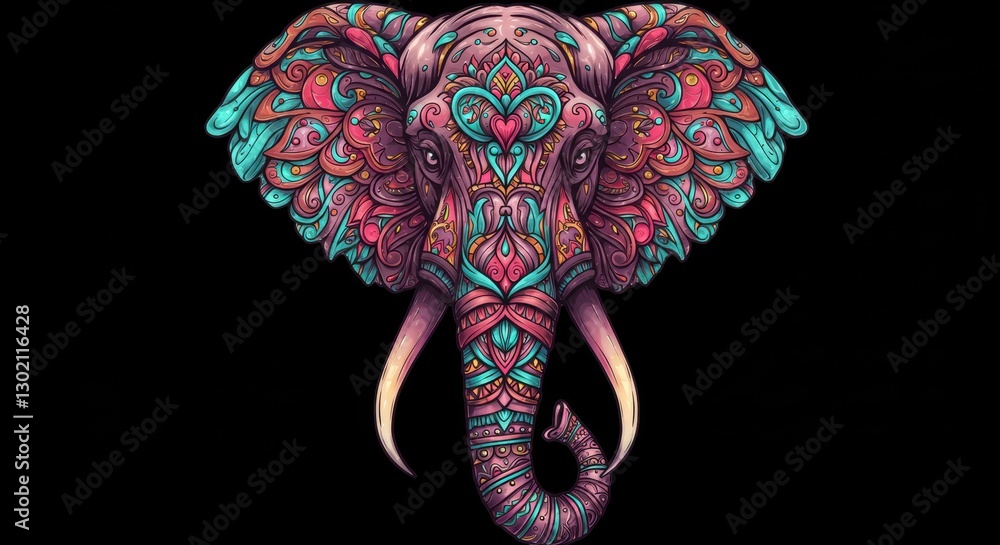 Obraz premium Detailed Elephant Illustration with Intricate Patterns and Vibrant Colors on Black