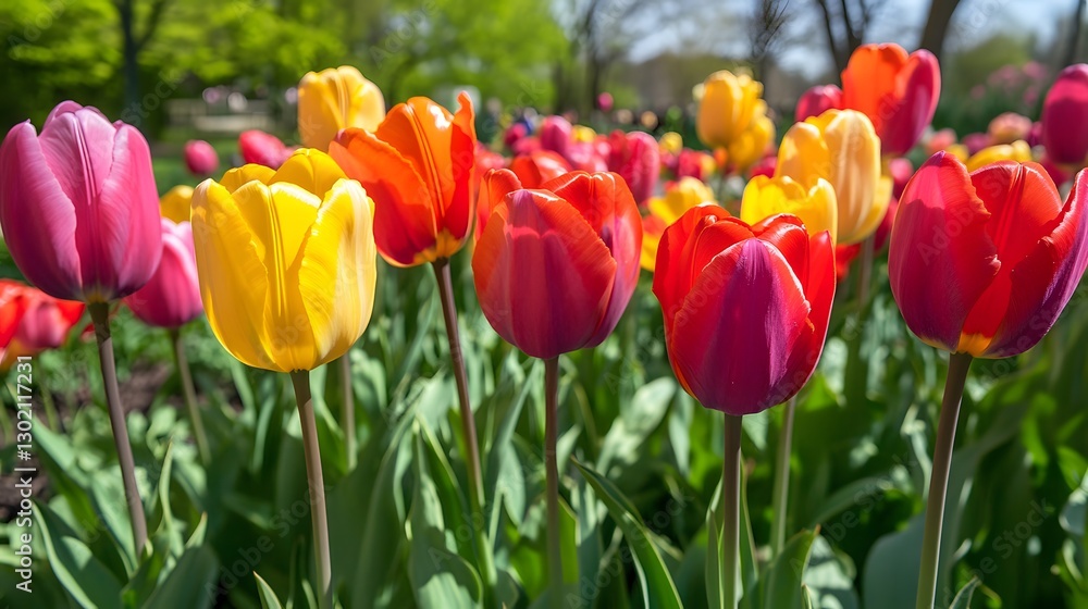 Fototapeta premium A vibrant display of colorful tulips blooming in a garden