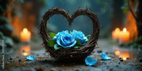 A heart-shaped twig nest cradles three vibrant blue roses, illuminated by the soft glow of nearby candles in a tranquil, dimly lit setting.