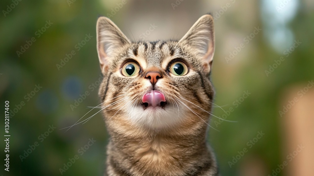 Tabby cat licking outdoors, blurry background Tabby cat licking outdoors, blurry background