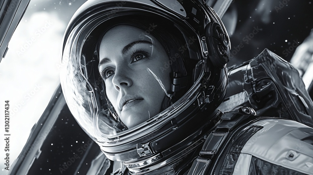 Captivating Portrait of a Female Astronaut Gazing Into the Depths of Space with Determination and Focus Captivating Portrait of a Female Astronaut Gazing Into the Depths of Space with Determination and Focus