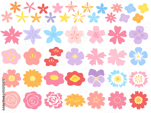 カラフルな手描き風の花のイラストセット