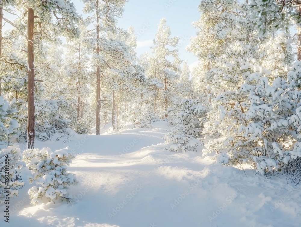Snow Covered Forest Scene Sunlight Shines Through Snowy Trees During Winter Season Snow Covered Forest Scene Sunlight Shines Through Snowy Trees During Winter Season