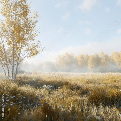 Wallpaper Mural Autumnal Meadow Landscape with Fog and Birch Trees, Misty Morning Scene, Nature's Beauty Torontodigital.ca