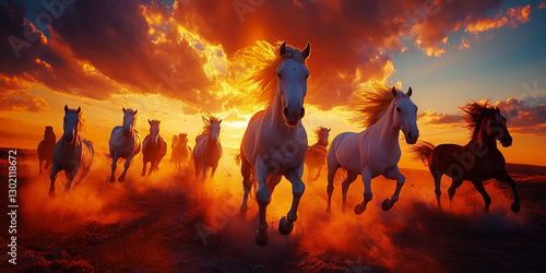 horse running in the fire background with smoke. (golden hour)	
