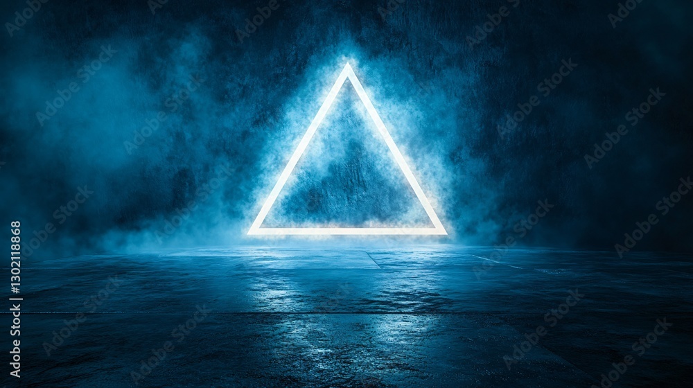 Glowing Neon Triangle Surrounded by Blue Fog in an Atmospheric Dark Environment Glowing Neon Triangle Surrounded by Blue Fog in an Atmospheric Dark Environment