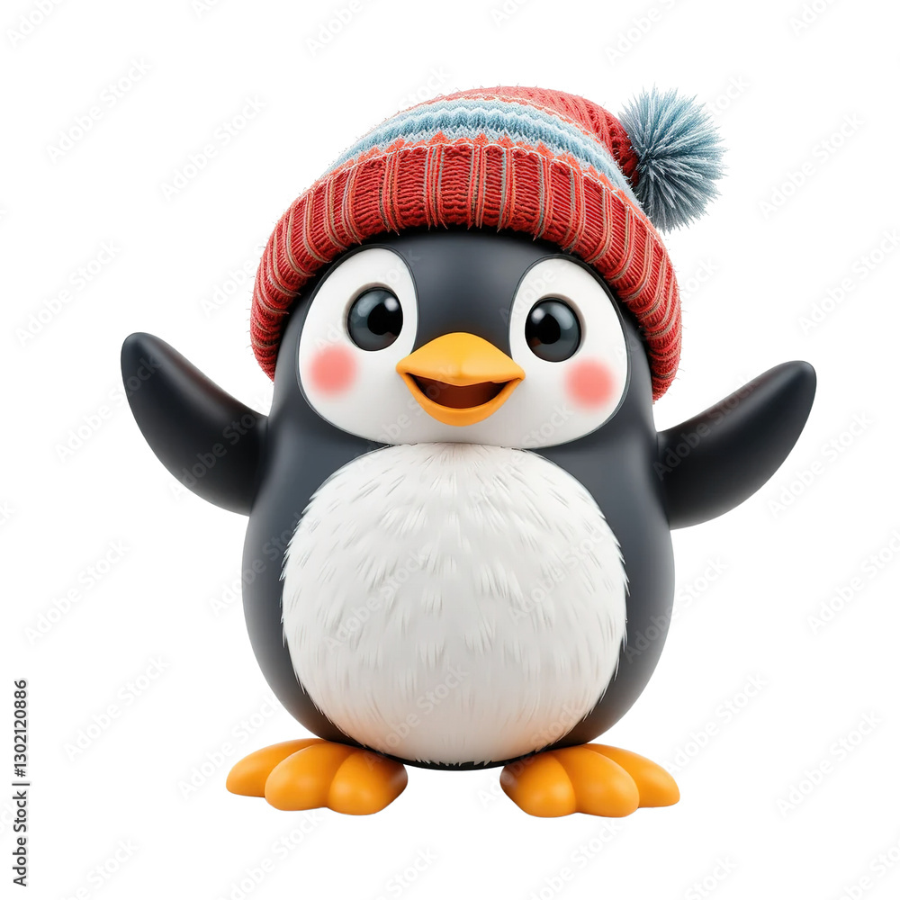 The image is a 3D cartoon depiction of a penguin wearing a hat, with arms open for greeting. The image is a 3D cartoon depiction of a penguin wearing a hat, with arms open for greeting.