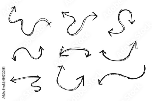 Set of hand-drawn black arrows with dynamic styles, including wavy, zigzag, and looping designs  
