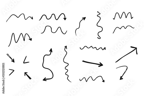 Set of hand-drawn black arrows with dynamic styles, including wavy, zigzag, and looping designs  
