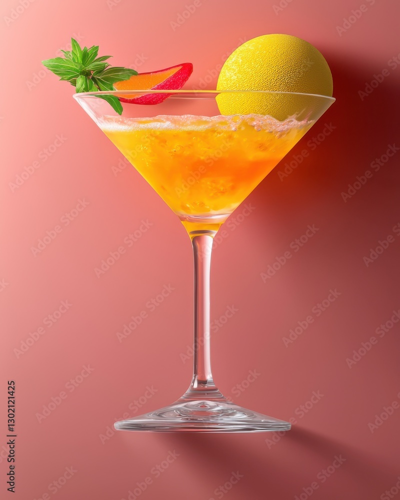 Refreshing Melon and Mango Cocktail in Elegant Martini Glass with Garnishes Refreshing Melon and Mango Cocktail in Elegant Martini Glass with Garnishes