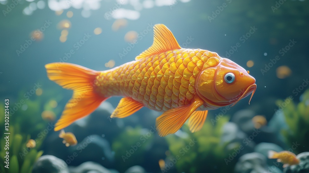 Vivid Orange Goldfish Swimming Underwater Near Green Aquatic Plants, Aquarium Life Concept Vivid Orange Goldfish Swimming Underwater Near Green Aquatic Plants, Aquarium Life Concept