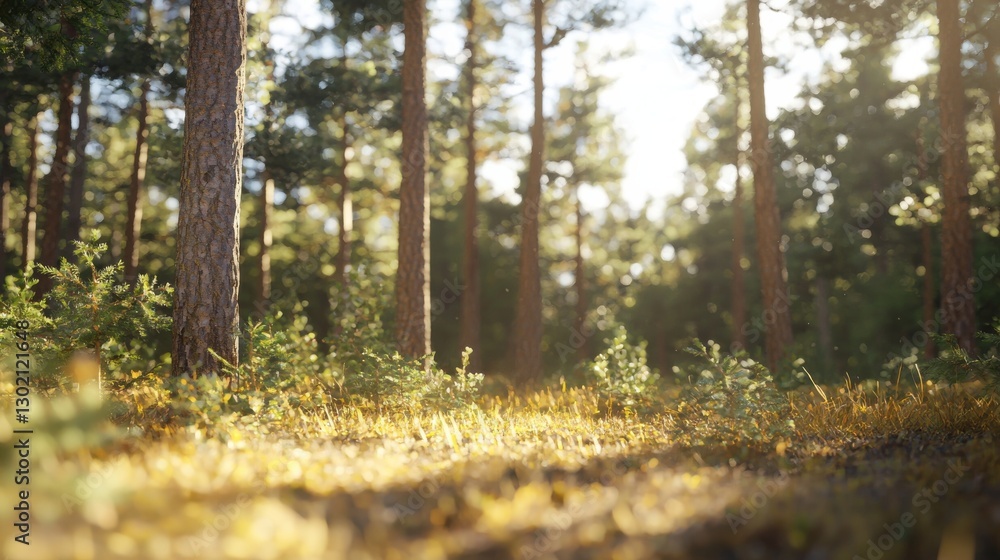 Fototapeta premium Sunlight Streaming Through Tall Pine Trees in a Tranquil Forest Landscape