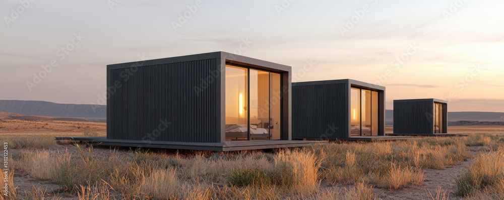 Obraz premium Modern modular homes in desert landscape architectural photography sunset viewpoint contemporary design