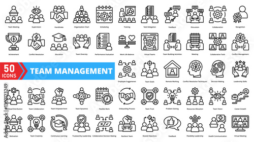 Set of team management web icons in line style. Containing collaboration, leadership, task, communication, roles, productivity, planning, workflow, support, coordination