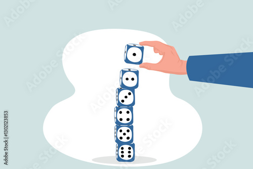 Investment risk, stock trader, gambling, uncertainty, possibility of losing money or making a profit from investment concept, young businessman's hands trying to roll the dice.