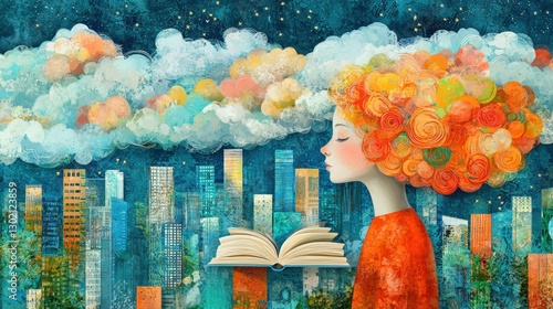 Woman with a big orange head is reading a book